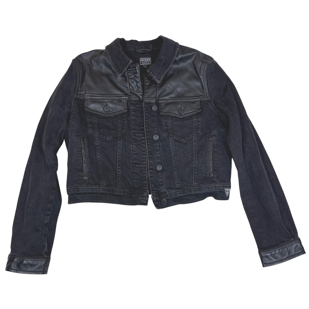 Guess Black Mixed Media Denim Faux Leather Jacket Womens Large Cropped Grunge